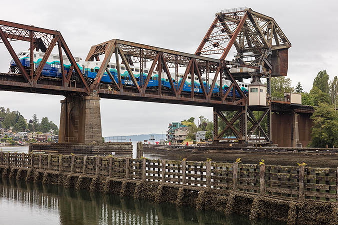A Sounder train crosses a bridge in Seattle.