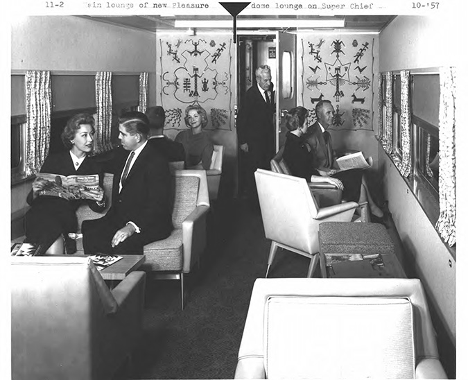 A finely appointed lounge car on the Super Chief