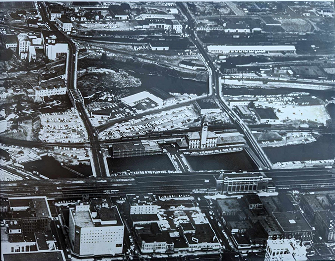 Photo of the historic rail yard prior to the land exchange and demolition of the existing depot.